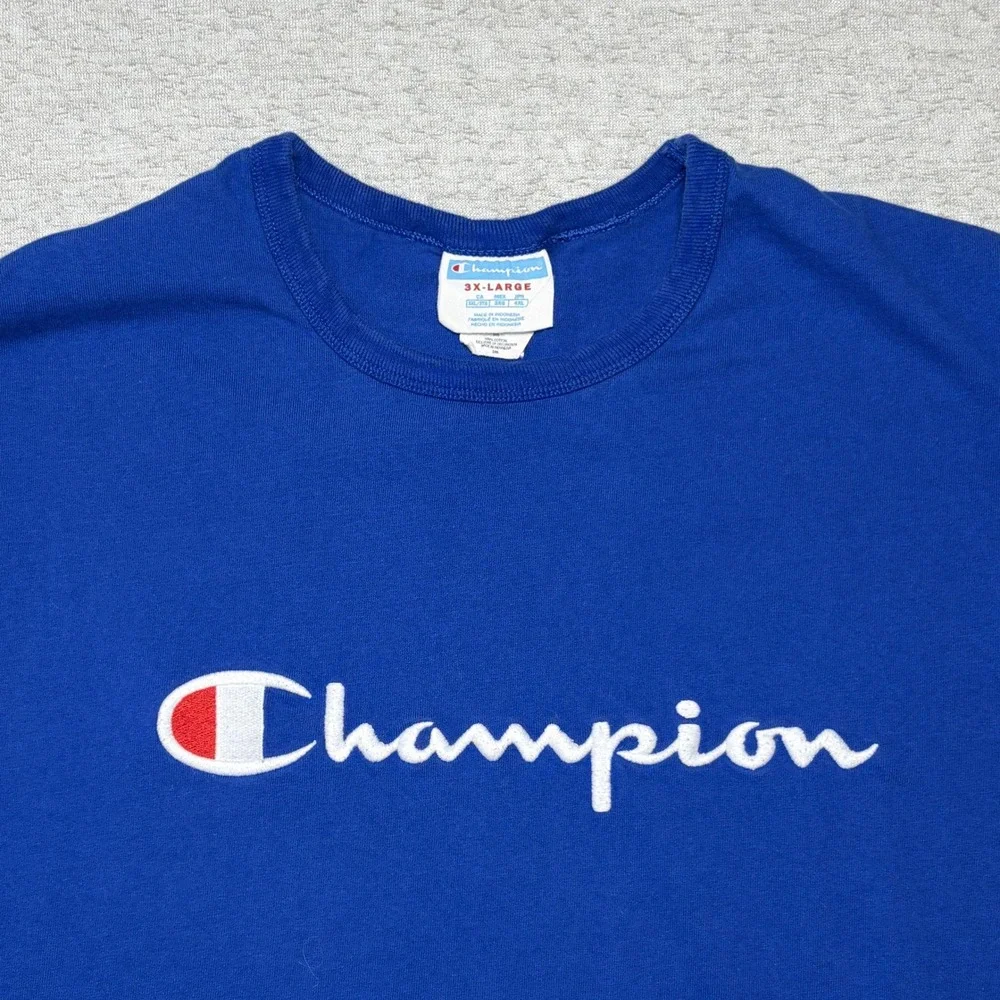 Champion Mens T-Shirt 3XL Blue Script Logo Graphic Short Sleeve Cotton Tee - Picture 2 of 8